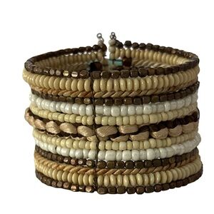 Neutral Beaded Cuff Bracelet Boho Multi Strand Statement Jewelry